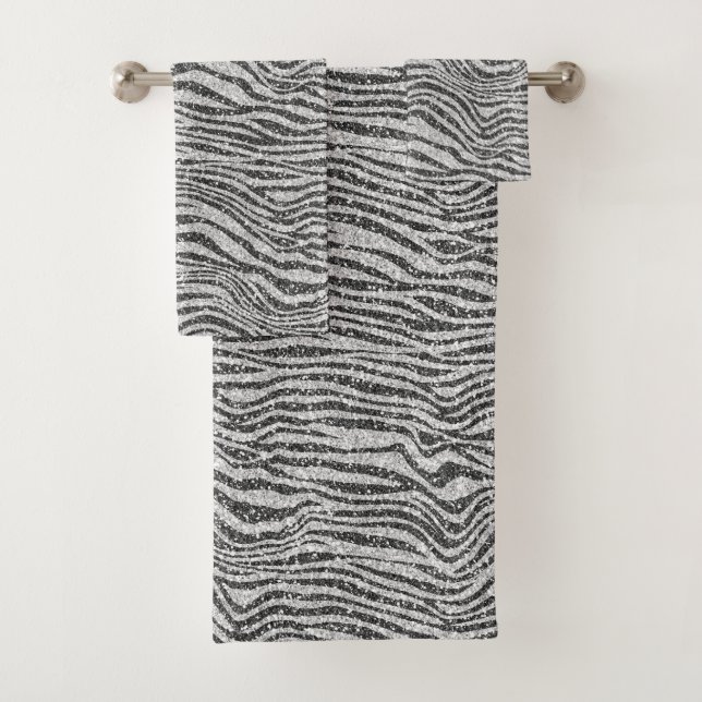 Silver Black Glitzy Zebra Print Glitter      Bath Towel Set (Insitu)