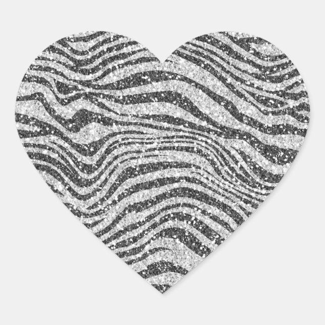 Silver Black Glitzy Zebra Print Glitter     Heart Sticker (Front)