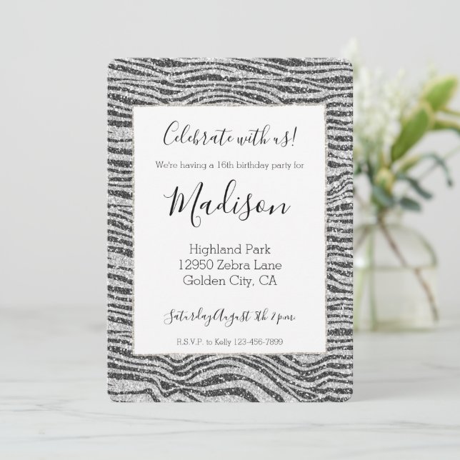 Silver Black Glitzy Zebra Print Glitter Invitation (Standing Front)
