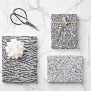 Silver Black Glitzy Zebra Print Glitter        Wrapping Paper Sheet