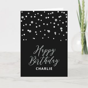 Silver & Black Happy Birthday Custom Name Greeting Card