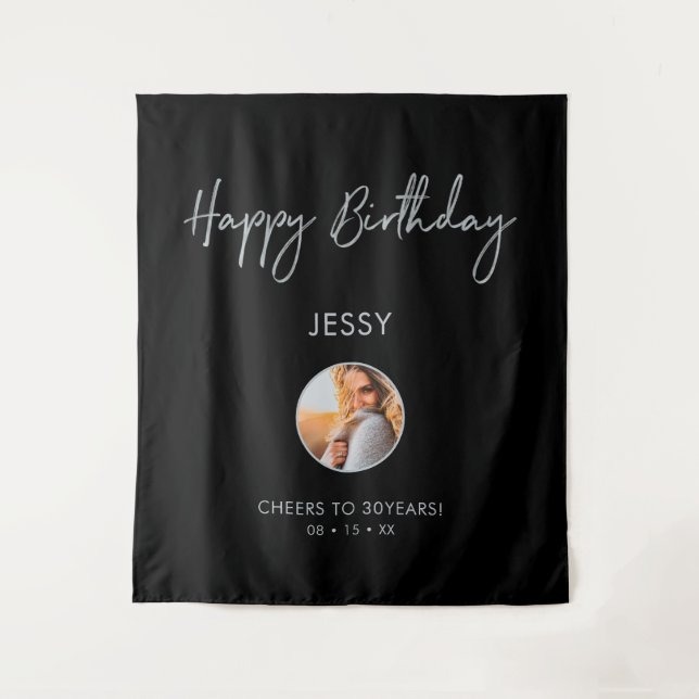Silver & Black Happy Birthday Photo Party Backdrop Tapestry (Front)