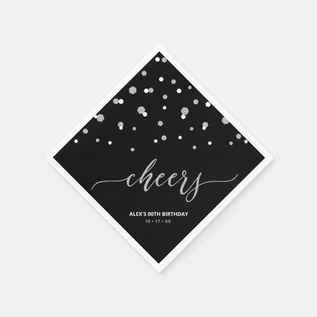 Silver Black Hexagon Confetti Cheers Custom Party Napkin (Corner)