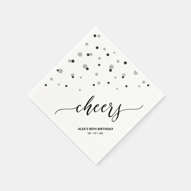 Silver Black Hexagon Confetti Cheers Custom Party Napkin (Corner)