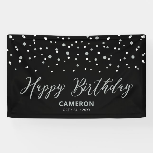 Silver & Black Hexagon Confetti Happy Birthday Ban Banner (Horizontal)