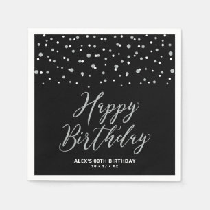 Silver & Black Hexagon Confetti Happy Birthday Nap Napkin