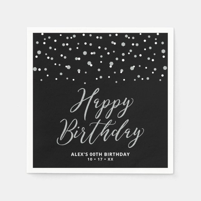 Silver & Black Hexagon Confetti Happy Birthday Nap Napkin (Front)