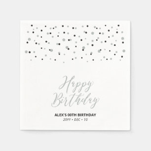Silver & Black Hexagon Confetti Happy Birthday Napkin