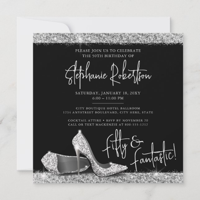Silver Black High Heel Modern 50th Birthday Square Invitation (Front)