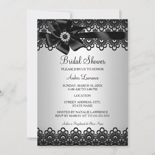 Silver Black Lace & Bow Bridal Shower Invite (Front)