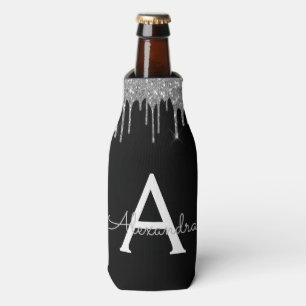 Silver Black Luxury Glitter Glam Monogram Name Bottle Cooler