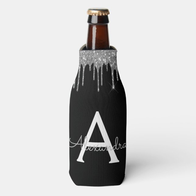Silver Black Luxury Glitter Glam Monogram Name Bottle Cooler (Bottle Front)