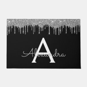 Silver Black Luxury Glitter Glam Monogram Name Doormat