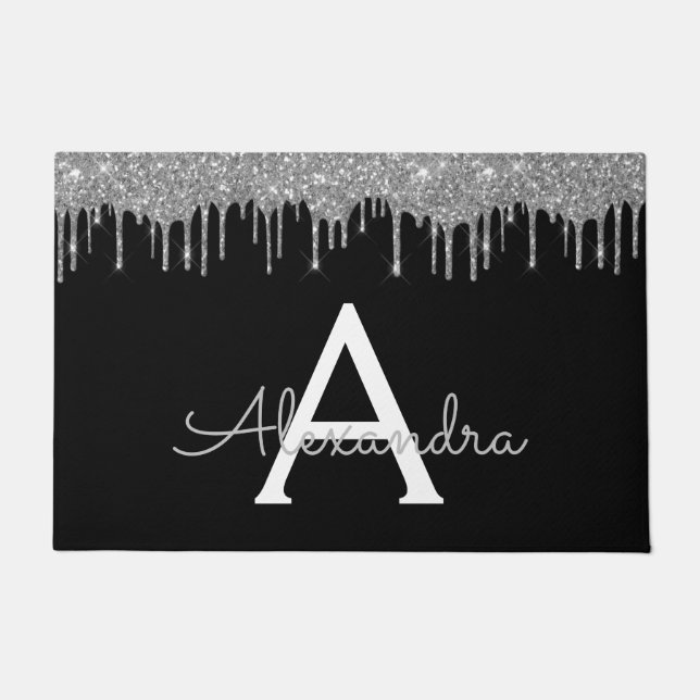 Silver Black Luxury Glitter Glam Monogram Name Doormat (Front)