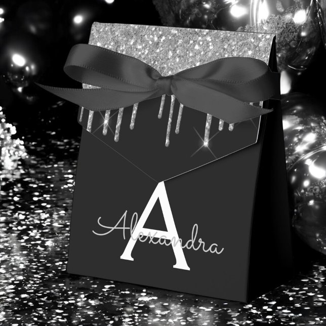 Silver Black Luxury Glitter Glam Monogram Name Favor Box (Creator Uploaded)