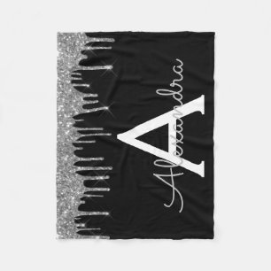 Silver Black Luxury Glitter Glam Monogram Name Fleece Blanket