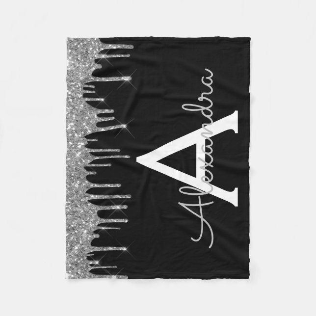 Silver Black Luxury Glitter Glam Monogram Name Fleece Blanket (Front)