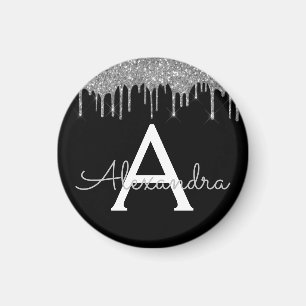 Silver Black Luxury Glitter Glam Monogram Name Magnet