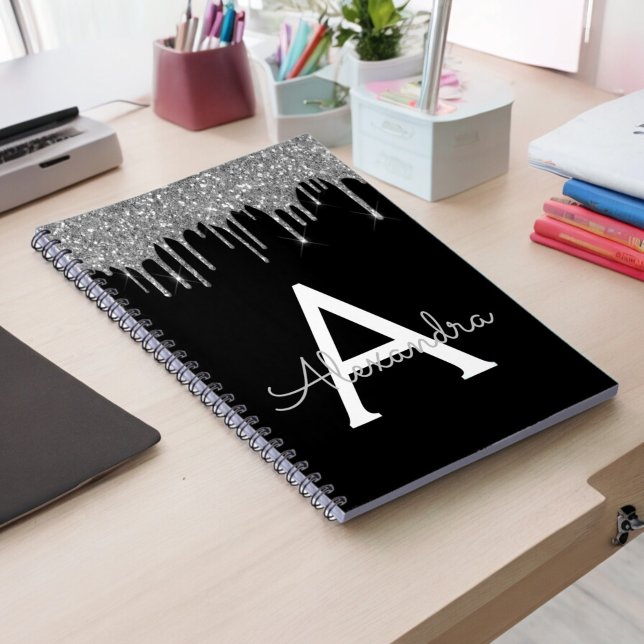 Silver Black Luxury Glitter Glam Monogram Name Notebook (Creator Uploaded)