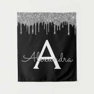 Silver Black Luxury Glitter Glam Monogram Name Tapestry