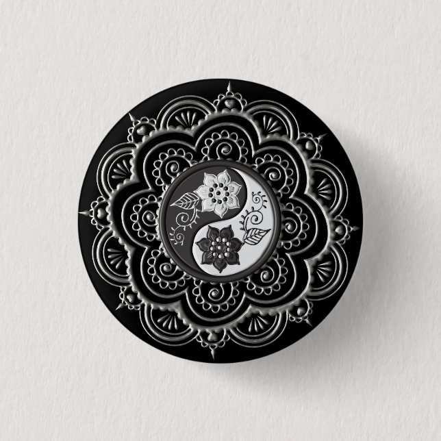 Silver & Black Mandala 1 Inch Round Button (Front)