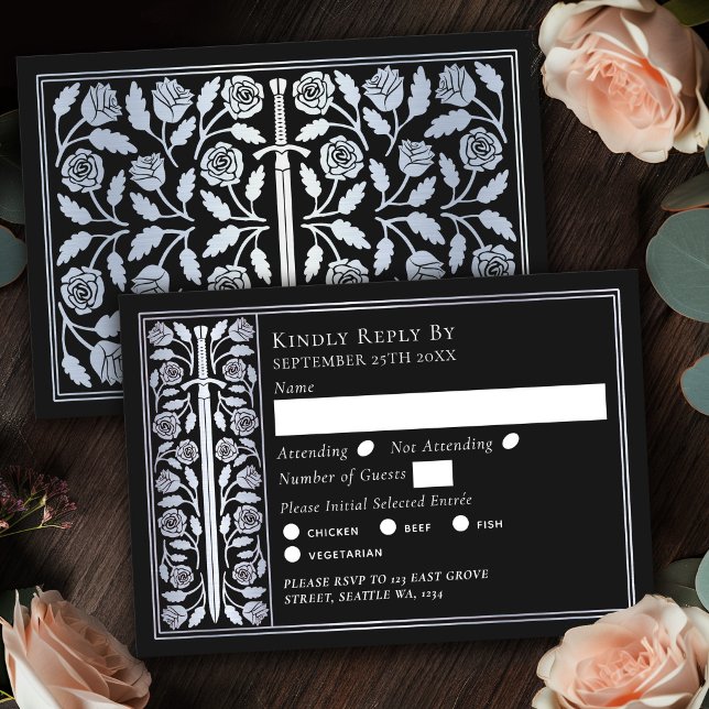 Silver Black Medieval Sword Wedding RSVP Card (Creator Uploaded)