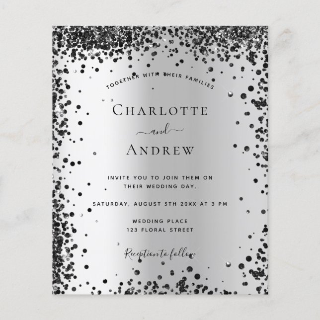 Silver black metal budget wedding invitation flyer (Front)