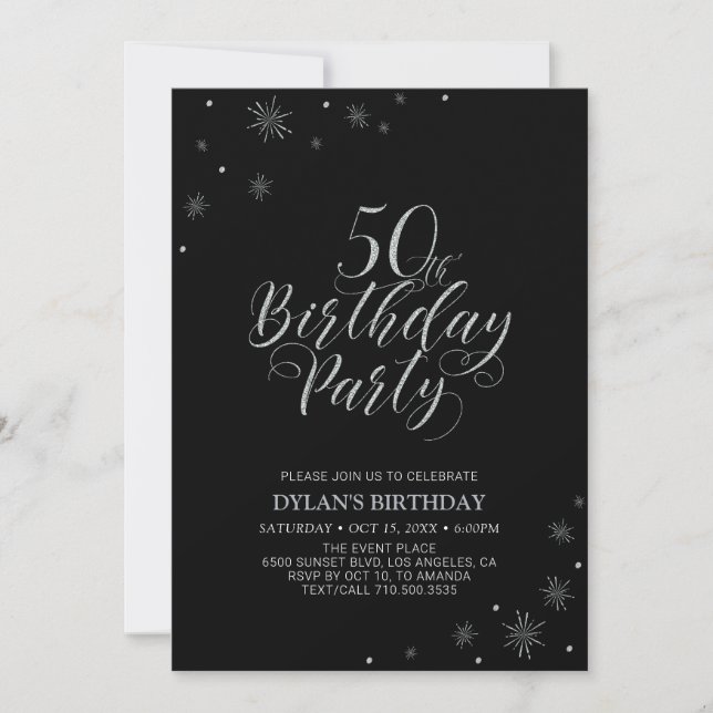 Silver & Black | Modern Chic 50th Birthday Party Invitation (Front)