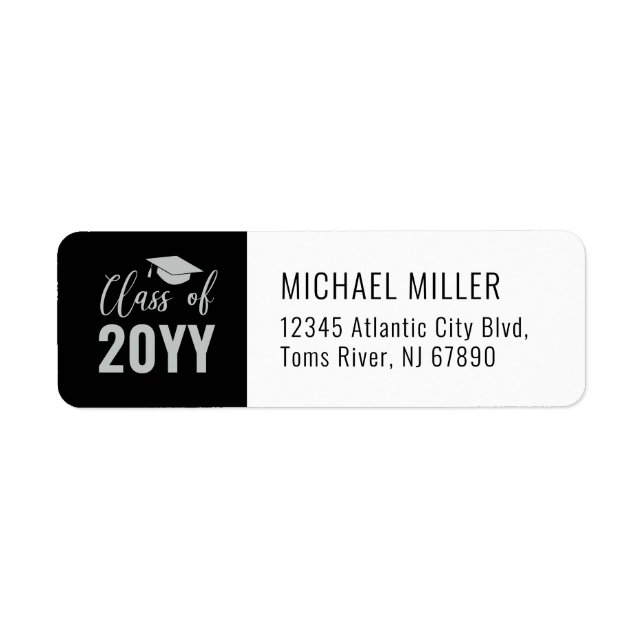 Silver & Black Modern Graduation Cap Address Label (Front)