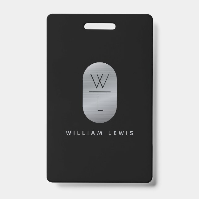 Silver & Black Monogram Modern Minimalist Badge (Front)