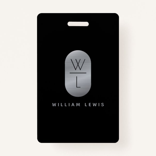 Silver & Black Monogram Modern Minimalist Badge (Front)