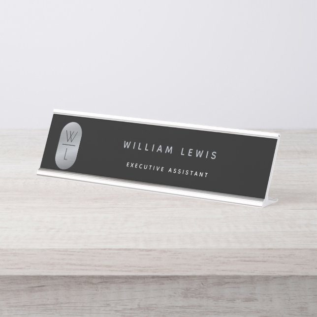 Silver & Black Monogram Modern Minimalist Desk Name Plate (Front)
