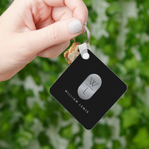 Silver & Black Monogram Modern Minimalist Keychain
