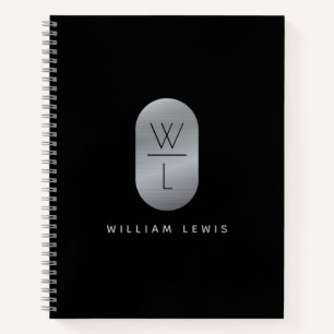 Silver & Black Monogram Modern Minimalist Notebook