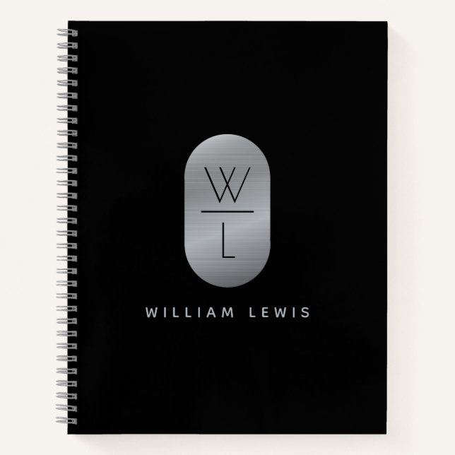 Silver & Black Monogram Modern Minimalist Notebook (Front)