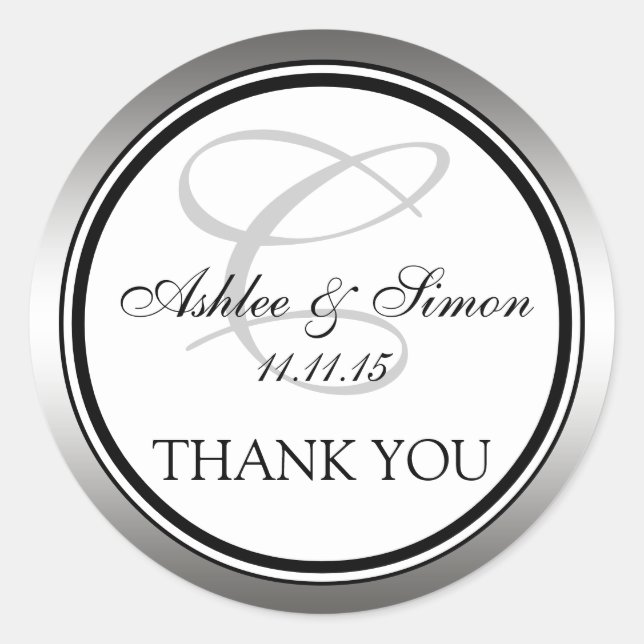 Silver Black Monogram Wedding Thank You Classic Round Sticker (Front)