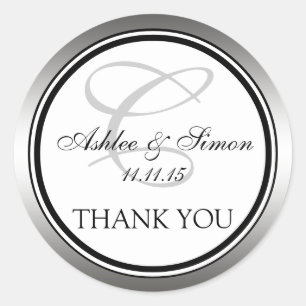 Silver Black Monogram Wedding Thank You Classic Round Sticker