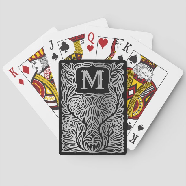 Silver Black Monogrammed Vintage Luxury Custom Playing Cards (Back)