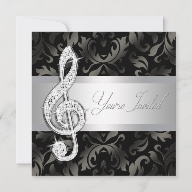 Silver Black Music Treble Clef Recital Invitations (Front)