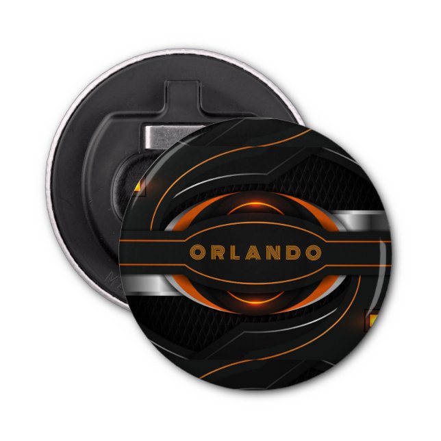 Silver, black, orange geometric gaming monogram bottle opener (Front)