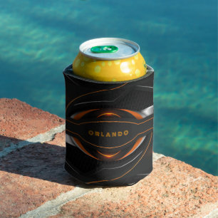 Silver, black, orange geometric gaming monogram can cooler