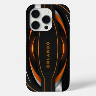 Silver, black, orange geometric gaming monogram iPhone 15 pro case