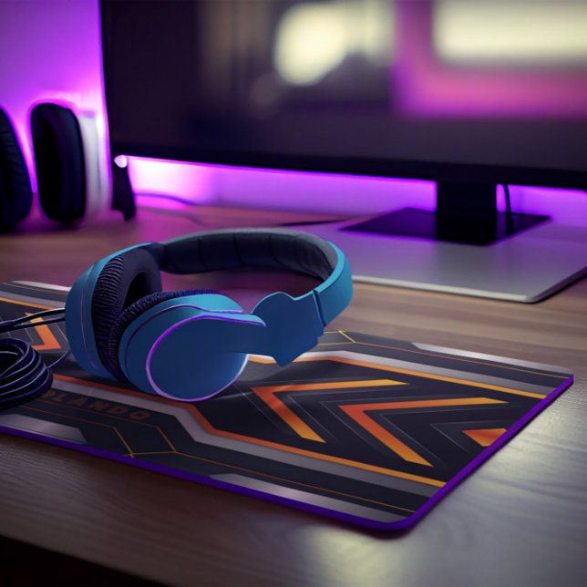 Silver, black, orange geometric gaming monogram desk mat (Creator Uploaded)