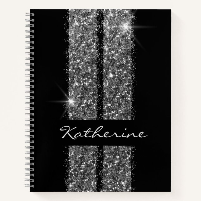 Silver Black Personalized Glitter Race Stripe Notebook (Front)