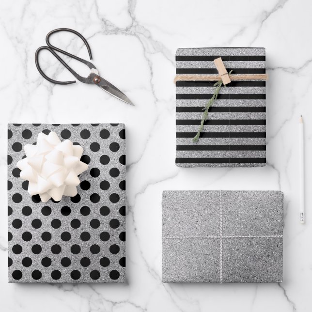 Silver Black Polka Dots Stripes Christmas Holiday Wrapping Paper Sheet (Front)