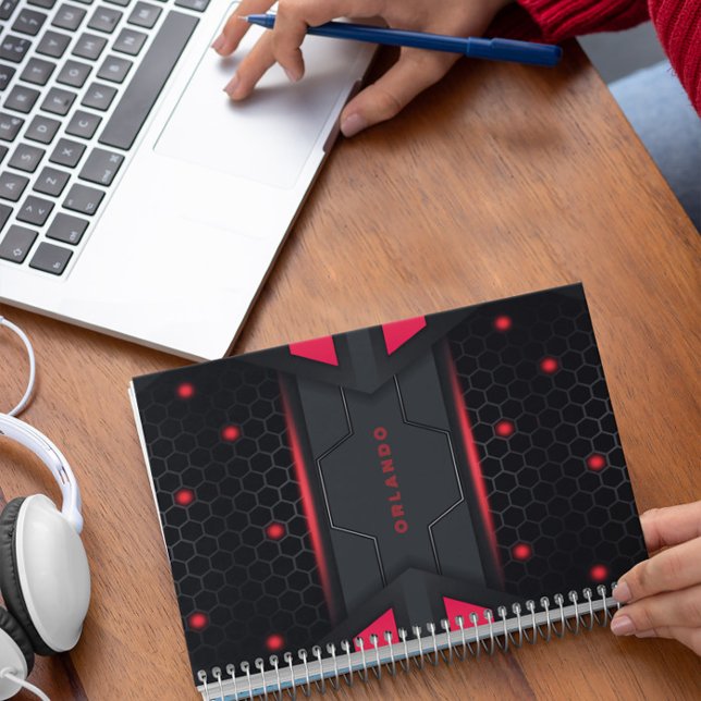 Silver, black, red geometric gaming monogram notebook (Creator Uploaded)