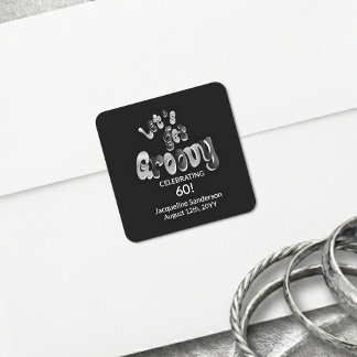 Silver Black Retro Let's Get Groovy 60th Birthday Square Sticker