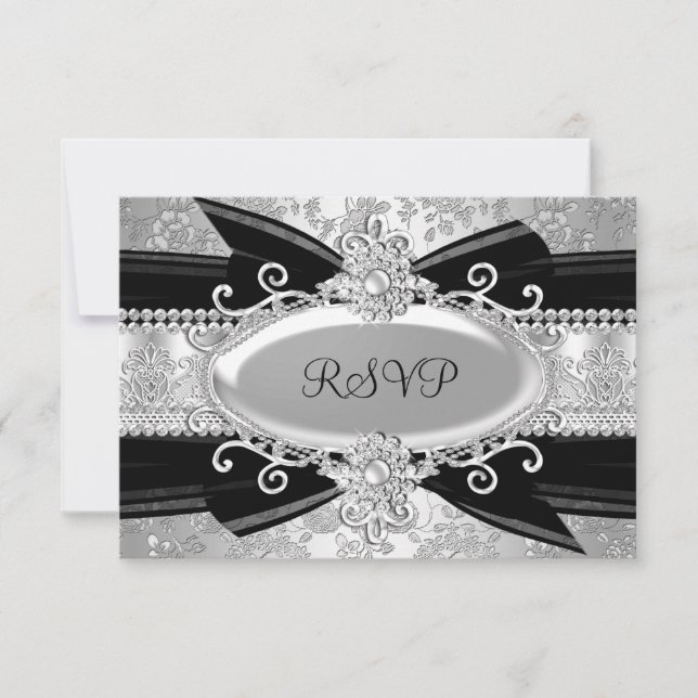 Silver Black Rose & Jewel 25th Anniversary RSVP Card (Front)