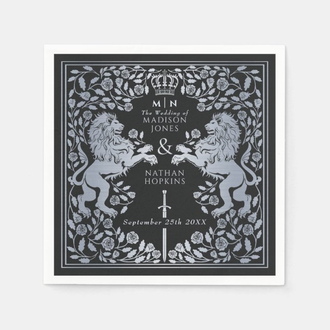 Silver Black Royal Lion Medieval Sword Wedding  Napkin (Front)