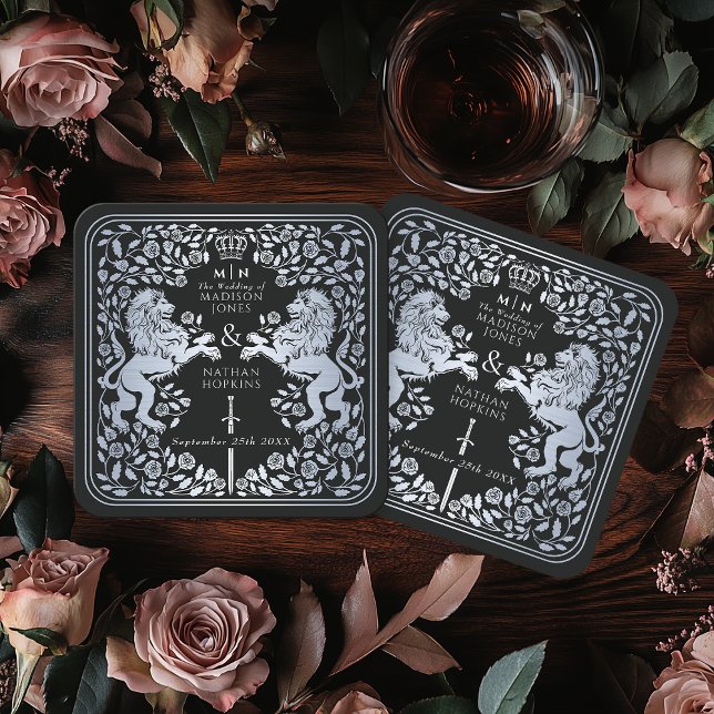 Silver Black Royal Lion Medieval Sword Wedding Square Paper Coaster (Creator Uploaded)